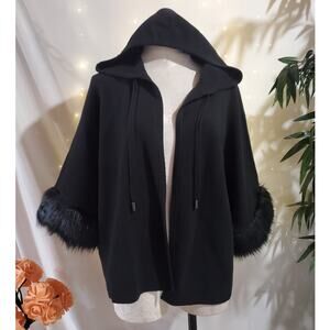 Chicos Womens Faux Fur Hooded Knit Open Cardigan Sweater Jacket Size 2 L Black